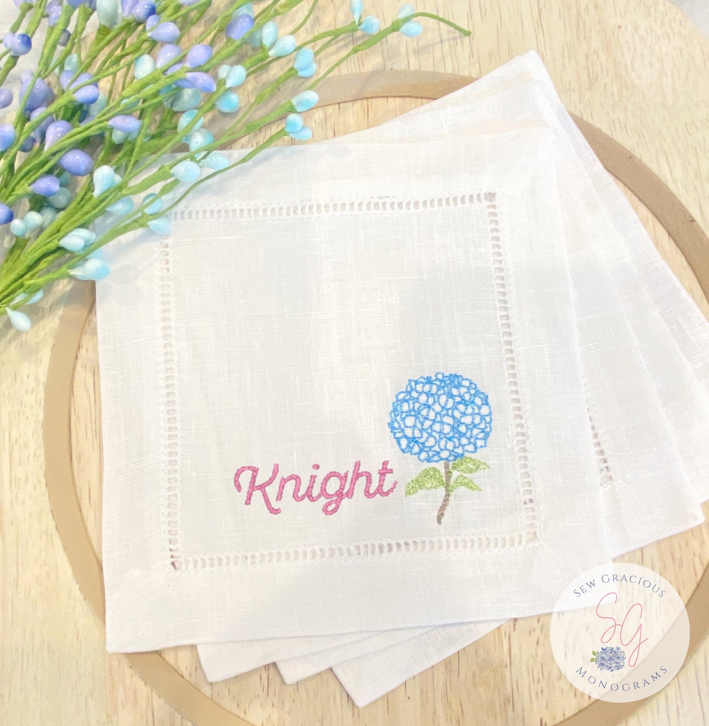 Hydrangea Personalized Embroidered Linen Cocktail Napkins