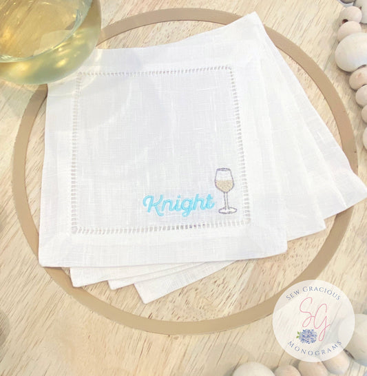 Wine Glass Personalized Embroidered Linen Cocktail Napkins